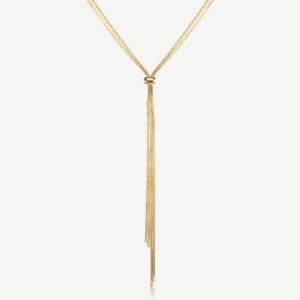 Collana lunga a y in acciaio 316L e finitura pvd oro 14K, con catene a snake ed elemento scorrevole,