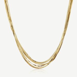 Collana girocollo in acciaio 316L e finitura pvd oro 14K, con catene a snake.