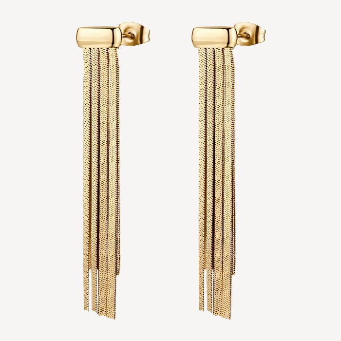 Orecchini pendenti in acciaio 316L e finitura pvd oro 14K, con catene a snake.