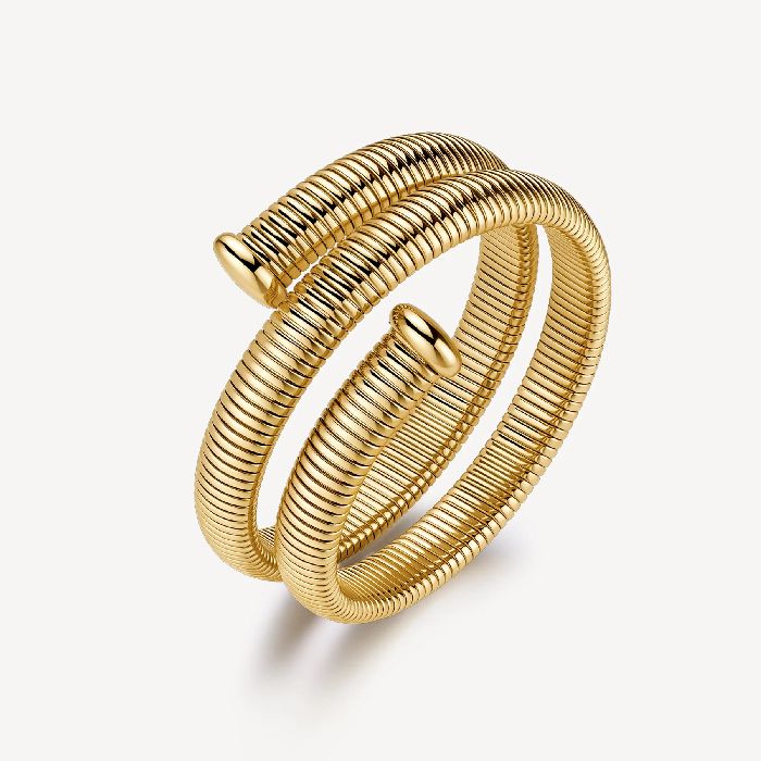 Bracciale rigido in acciaio 304 e finitura pvd oro 14K, con catena tubogas a doppiogiro.
