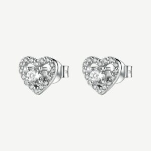 Orecchini a lobo in argento rodiato 925‰ a forma di cuore, con cubic zirconia.
