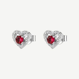 Orecchini a lobo in argento rodiato 925‰ a forma di cuore, con cubic zirconia chiari e cubic zirconia colore ruby.