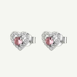Orecchini a lobo in argento rodiato 925‰ a forma di cuore, con cubic zirconia chiari e cubic zirconia colore vintage rose.