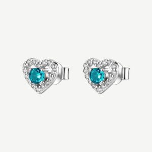 Orecchini a lobo in argento rodiato 925‰ a forma di cuore, con cubic zirconia chiari e cubic zirconia colore paraiba.