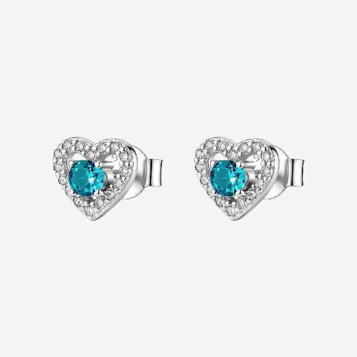 Orecchini a lobo in argento rodiato 925‰ a forma di cuore, con cubic zirconia chiari e cubic zirconia colore paraiba.