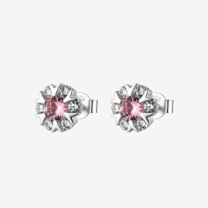 Orecchini a lobo in argento rodiato 925‰ a forma di fiore, con cubic zirconia chiari e cubic zirconia colore vintage rose.