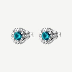 Orecchini a lobo in argento rodiato 925‰ a forma di fiore, con cubic zirconia chiari e cubic zirconia colore paraiba.
