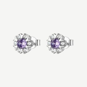 Orecchini a lobo in argento rodiato 925‰ a forma di fiore, con cubic zirconia chiari e cubic zirconia colore amethyst.