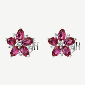 Orecchini a lobo in argento rodiato 925‰ a forma di fiore, con cubic zirconia chiari e cubic zirconia colore ruby.