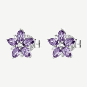 Orecchini a lobo in argento rodiato 925‰ a forma di fiore, con cubic zirconia chiari e cubic zirconia colore amethyst.