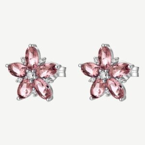 Orecchini a lobo in argento rodiato 925‰ a forma di fiore, con cubic zirconia chiari e cubic zirconia colore vintage rose.