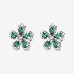 Orecchini a lobo in argento rodiato 925‰ a forma di fiore, con cubic zirconia chiari e cubic zirconia colore green.