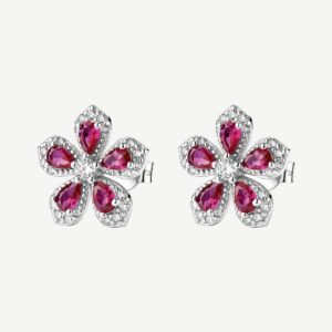 Orecchini a lobo in argento rodiato 925‰ a forma di fiore, con cubic zirconia chiari e cubic zirconia colore ruby.