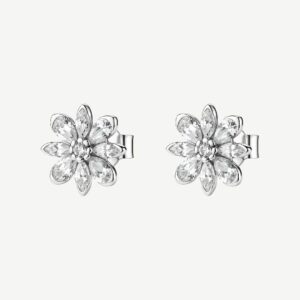 Orecchini a lobo in argento rodiato 925‰ a forma di fiore, con cubic zirconia.