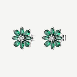 Orecchini a lobo in argento rodiato 925‰ a forma di fiore, con cubic zirconia chiari e cubic zirconia colore green.