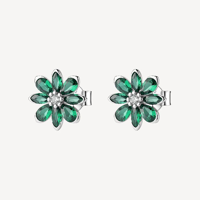Orecchini a lobo in argento rodiato 925‰ a forma di fiore, con cubic zirconia chiari e cubic zirconia colore green.