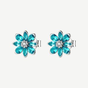 Orecchini a lobo in argento rodiato 925‰ a forma di fiore, con cubic zirconia chiari e cubic zirconia colore paraiba.
