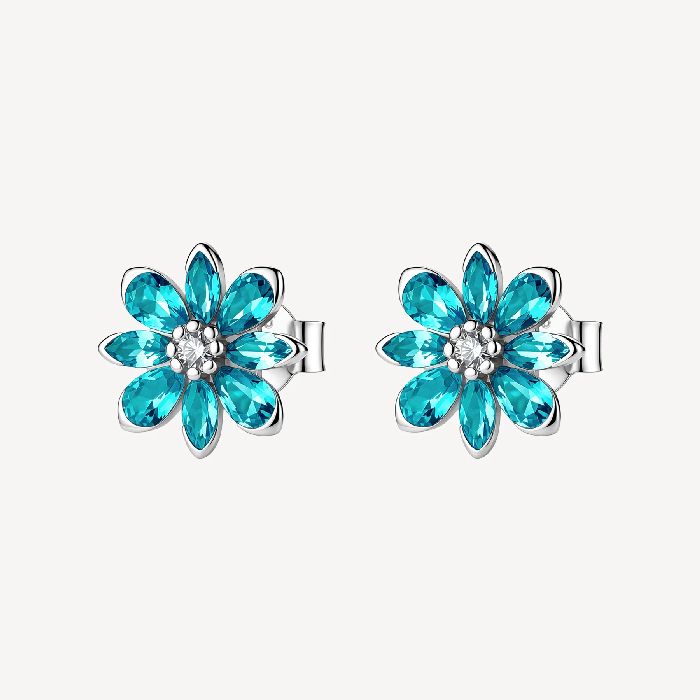 Orecchini a lobo in argento rodiato 925‰ a forma di fiore, con cubic zirconia chiari e cubic zirconia colore paraiba.