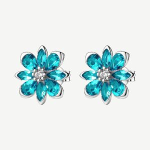 Orecchini a lobo in argento rodiato 925‰ a forma di fiore, con cubic zirconia chiari e cubic zirconia colore paraiba.