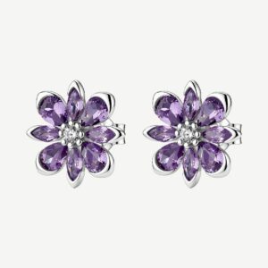 Orecchini a lobo in argento rodiato 925‰ a forma di fiore, con cubic zirconia chiari e cubic zirconia colore amethyst.
