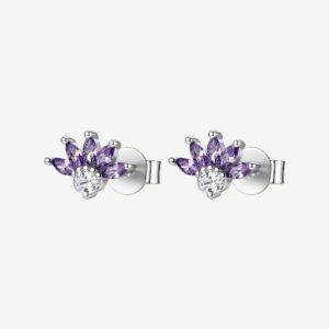Orecchini a lobo in argento rodiato 925‰ a forma di fiore, con cubic zirconia chiari e cubic zirconia colore amethyst.