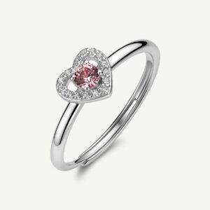 Anello regolabile in argento rodiato 925‰ a forma di cuore, con cubic zirconia chiari e cubic zirconia colore vintage rose.