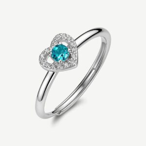 Anello regolabile in argento rodiato 925&permil; a forma di cuore, con cubic zirconia chiari e cubic zirconia colore paraiba.