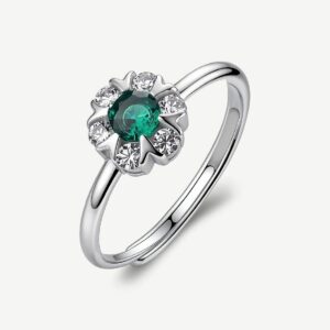 Anello regolabile in argento rodiato 925‰ a forma di fiore, con cubic zirconia chiari e cubic zirconia colore green.