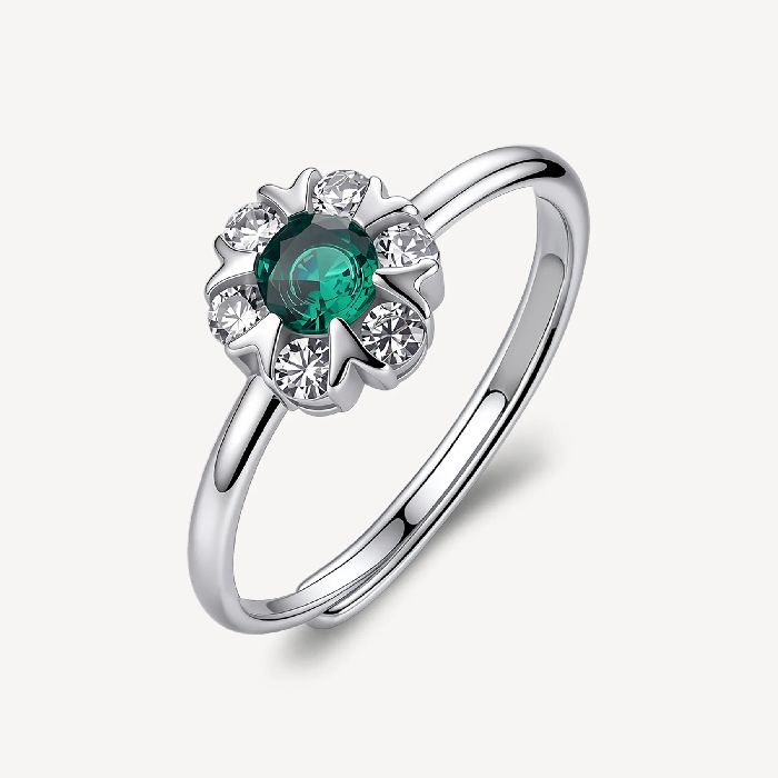 Anello regolabile in argento rodiato 925‰ a forma di fiore, con cubic zirconia chiari e cubic zirconia colore green.