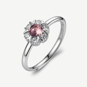 Anello regolabile in argento rodiato 925‰ a forma di fiore, con cubic zirconia chiari e cubic zirconia colore vintage rose.