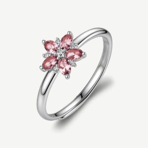 Anello regolabile in argento rodiato 925‰ a forma di fiore, con cubic zirconia chiari e cubic zirconia colore vintage rose.