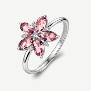 Anello regolabile in argento rodiato 925‰ a forma di fiore, con cubic zirconia chiari e cubic zirconia colore vintage rose.