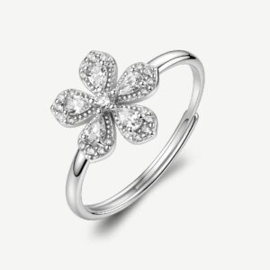 Anello regolabile in argento rodiato 925&permil; a forma di fiore con cubic zirconia.