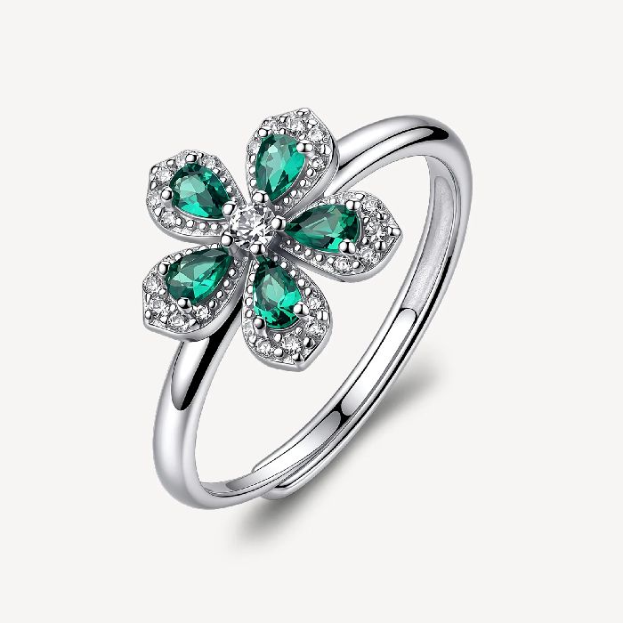 Anello regolabile in argento rodiato 925‰ a forma di fiore, con cubic zirconia chiari e cubic zirconia colore green.