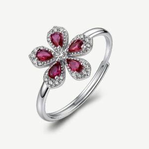 Anello regolabile in argento rodiato 925‰ a forma di fiore, con cubic zirconia chiari e cubic zirconia colore ruby.