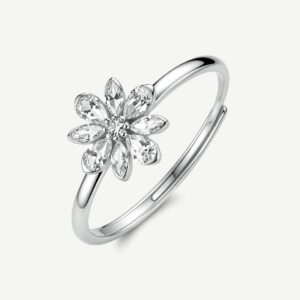 Anello regolabile in argento rodiato 925&permil; a forma di fiore con cubic zirconia.