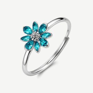 Anello regolabile in argento rodiato 925&permil; a forma di fiore, con cubic zirconia chiari e cubic zirconia colore paraiba.