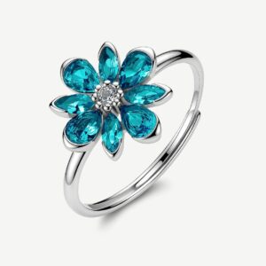 Anello regolabile in argento rodiato 925&permil; a forma di fiore, con cubic zirconia chiari e cubic zirconia colore paraiba.