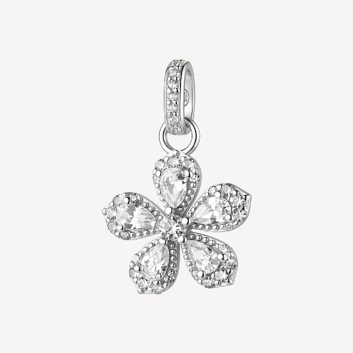 Pendente in argento rodiato 925‰ a forma di fiore con cubic zirconia.