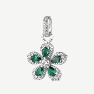 Pendente in argento rodiato 925&permil; a forma di fiore, con cubic zirconia chiari e cubic zirconia colore green.