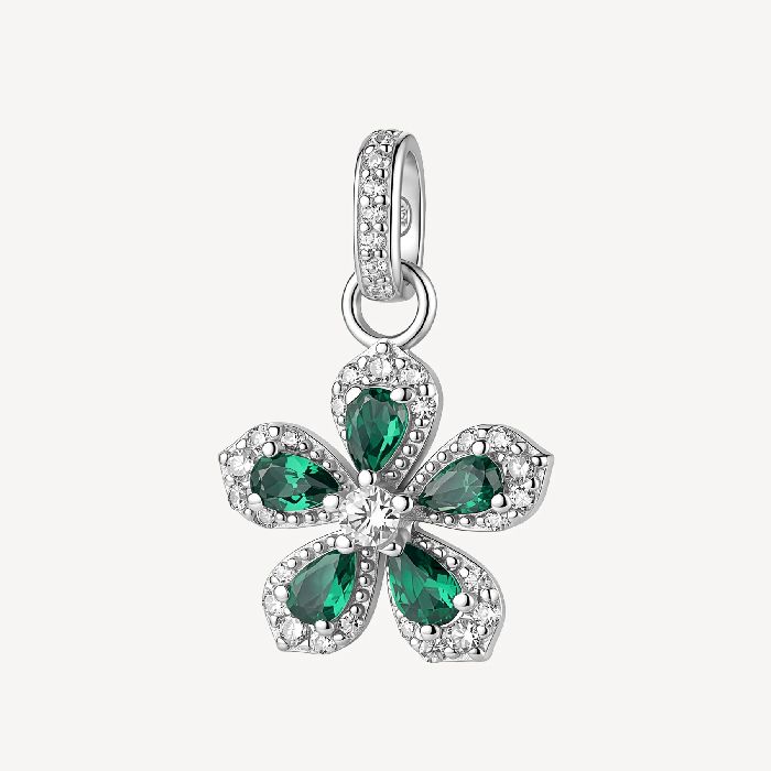 Pendente in argento rodiato 925‰ a forma di fiore, con cubic zirconia chiari e cubic zirconia colore green.