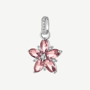 Pendente in argento rodiato 925&permil; a forma di fiore, con cubic zirconia chiari e cubic zirconia colore vintage rose.