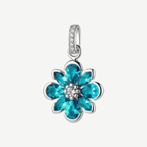 Pendente in argento rodiato 925&permil; a forma di fiore, con cubic zirconia chiari e cubic zirconia colore paraiba.