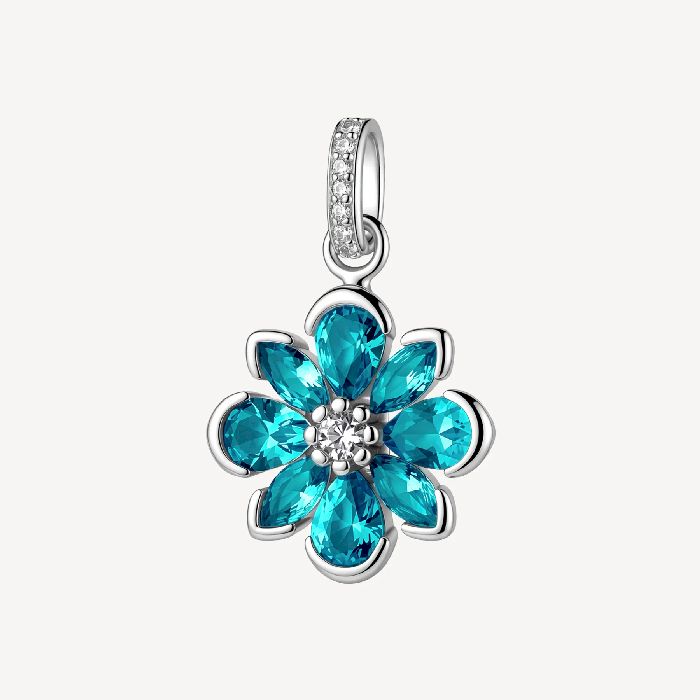 Pendente in argento rodiato 925‰ a forma di fiore, con cubic zirconia chiari e cubic zirconia colore paraiba.
