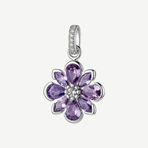 Pendente in argento rodiato 925&permil; a forma di fiore, con cubic zirconia chiari e cubic zirconia colore amethyst.