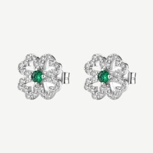 Orecchini a lobo in argento rodiato 925‰ a forma di quadrifoglio, con cubic zirconia chiari e cubic zirconia colore green.