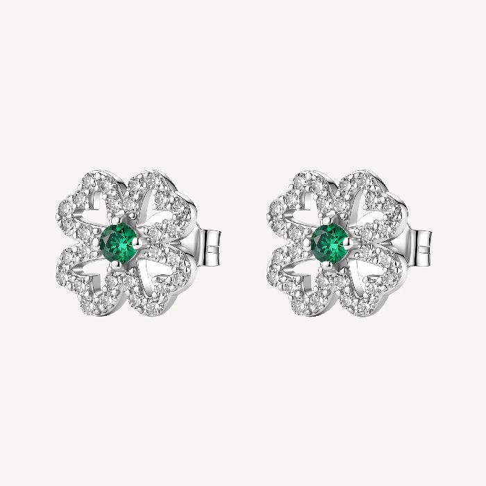 Orecchini a lobo in argento rodiato 925‰ a forma di quadrifoglio, con cubic zirconia chiari e cubic zirconia colore green.