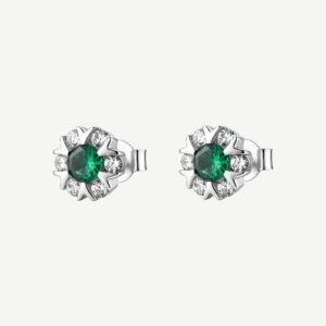 Orecchini a lobo in argento rodiato 925‰ a forma di fiore, con cubic zirconia chiari e cubic zirconia colore green.