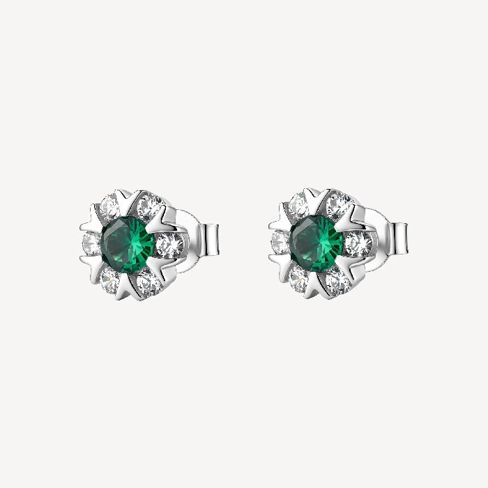 Orecchini a lobo in argento rodiato 925‰ a forma di fiore, con cubic zirconia chiari e cubic zirconia colore green.